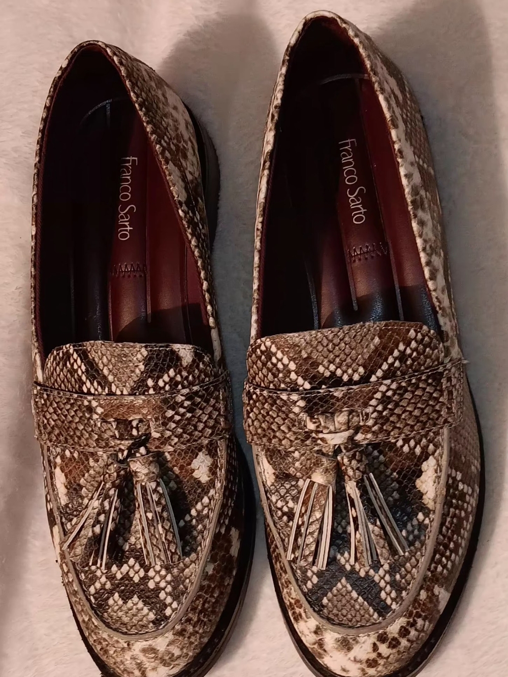 Franco Sarto Brown & Tan Snake-Print Tassel Loafers